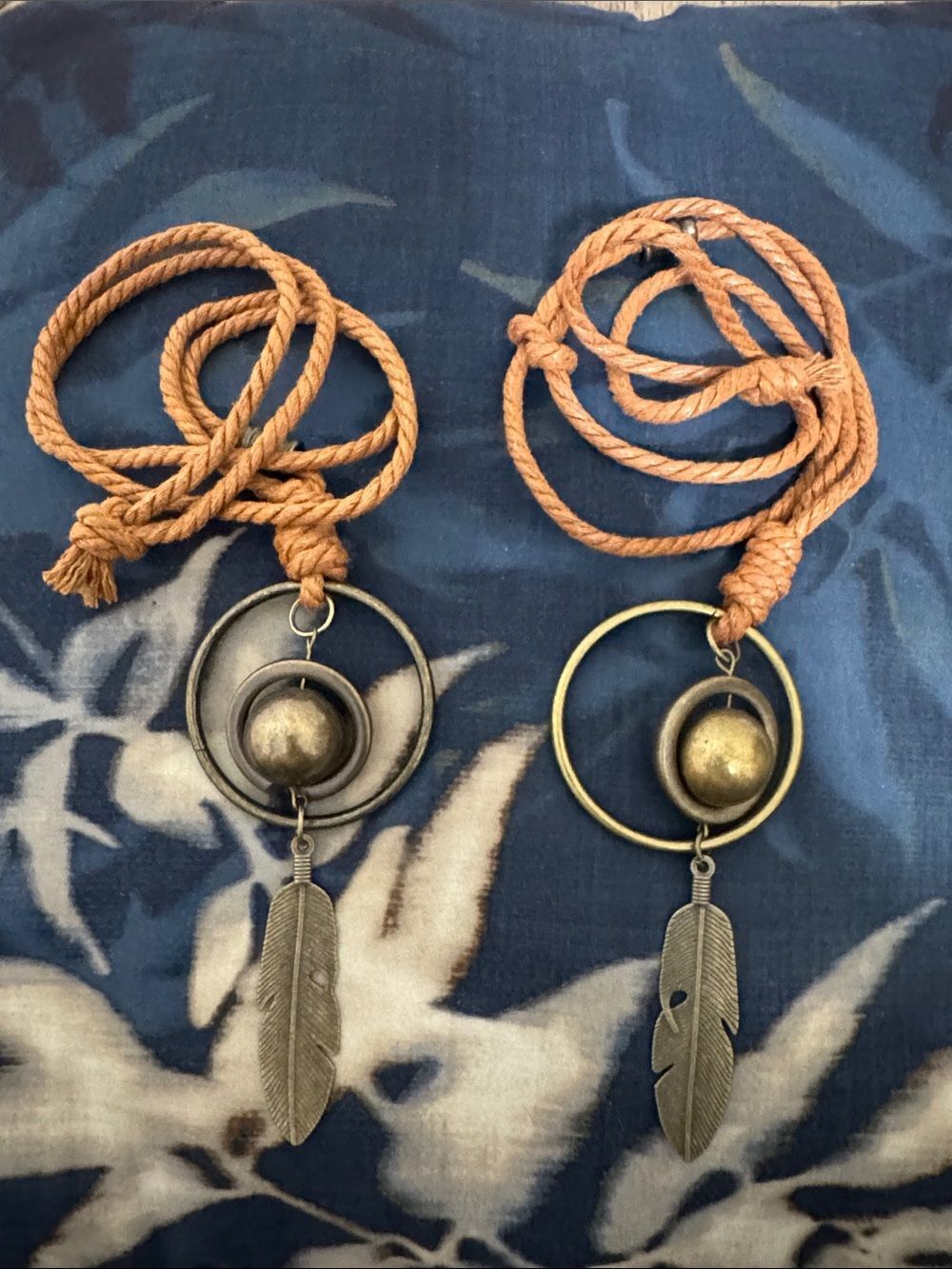 Set of 2 Boho Metal Feather Pendant Necklace Rust Orange Fabric Boho Avant Garde